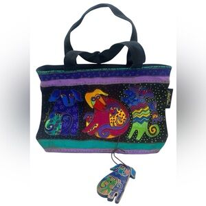 Laurel Burch Dog & Doggies Small Tote Bag Purse Zipper Close Cotton Canvas